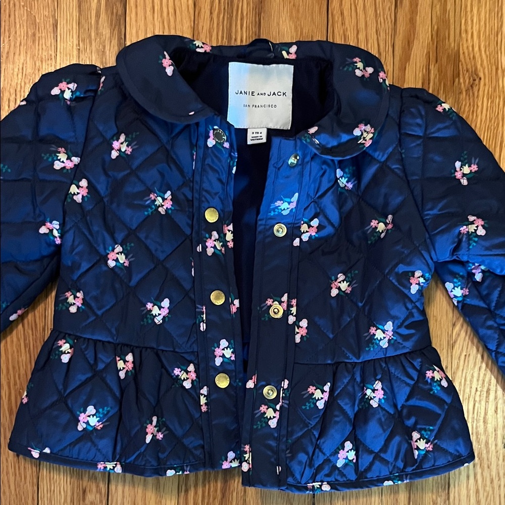 Janie and Jack Girls Navy Floral Quilted Jacket for Kids 4 - Picture 4 of 6
